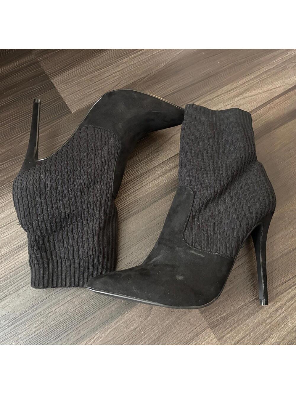 Just Fab Sock Boots Booties Black Women's Size 9.5 Suede Knit Stiletto Heel